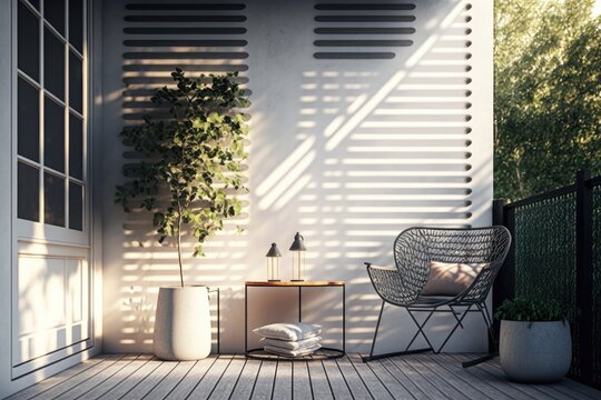 Modern contemporary loft style outdoor terrace 3d render, decorate with wicker chair ,sunlight and tree shadow on the wall generative ai,