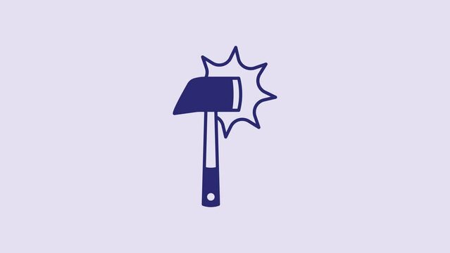 Blue Firefighter axe icon isolated on purple background. Fire axe. 4K Video motion graphic animation