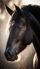 Portrait of a black horse during golden hour. Beautiful wildlife and family photos, wallpaper, poster created with help of generative ai. 