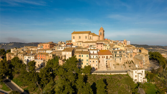 Italy, February 2023: aerial view from the drone of the medieval village of Monteprandono in the province of Ascoli Piceno in the Marche region
