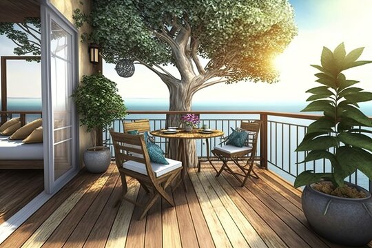 You have reached the maximum allowed number of concurrent jobs. Don't worry, this job will start as soon as another one finishes! Large wooden terrace with sea view generative ai
