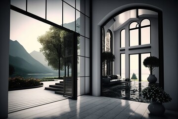 Architecture, beautiful interior of a modern villa, view from veranda generative ai