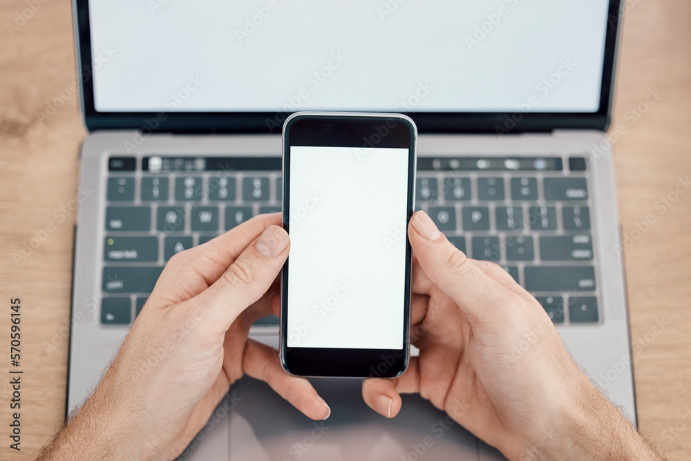 Poster hands, phone and laptop on mockup screen for networking, social media or mobile app at office desk. 