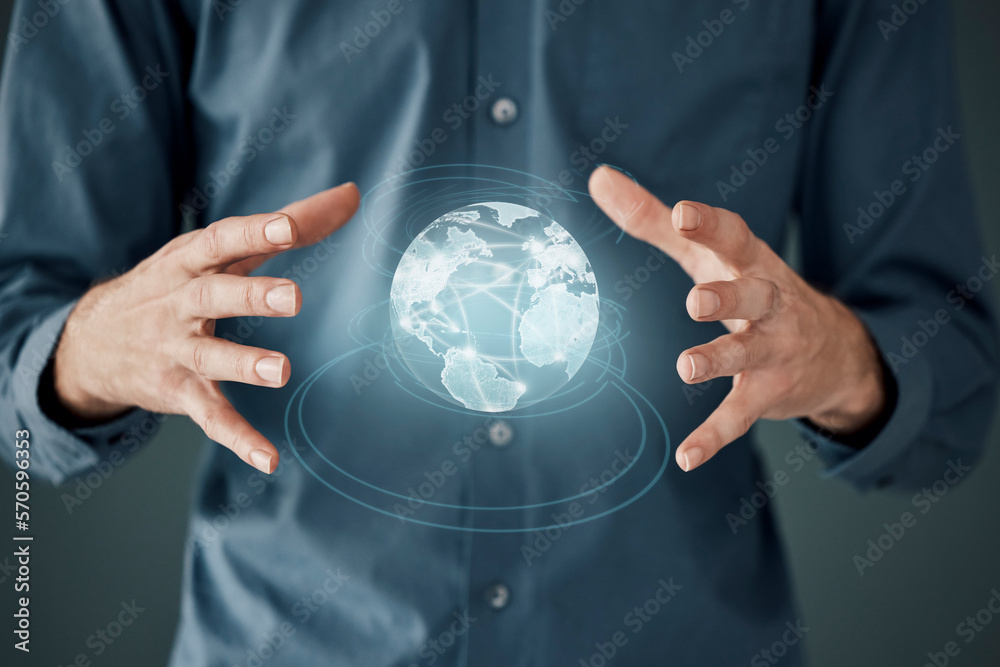 Poster globe, networking and internet with hands of businessman for digital transformation, social media an