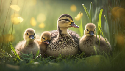 Easter Scenery Spring juicy meadow with ducklings and mother with ducklings in green gras with beautiful backdrop blur. Beautiful backdrop and blur. AI Generated Art.