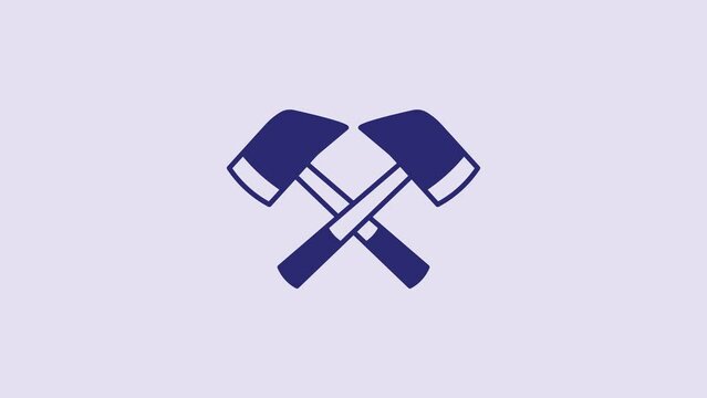 Blue Firefighter axe icon isolated on purple background. Fire axe. 4K Video motion graphic animation