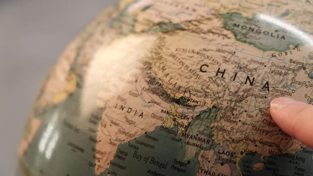 China on a globe map close-up.