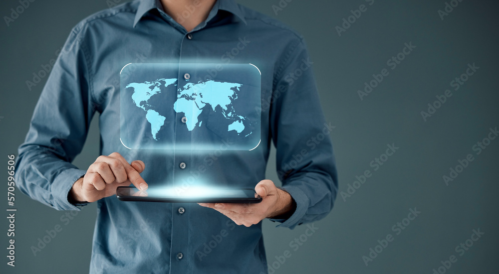 Poster globe, networking and tablet with hands of businessman for augmented reality, technology or cyber mo