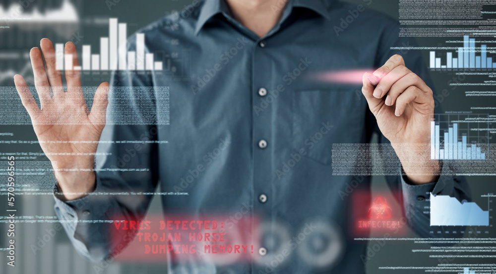 Leinwandbilder Cyber security, hacker and hands of man and coding for software, augmented reality and phishing. Cloud computing, matrix and website with programmer for password, technology and data hacking