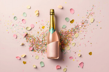 Creative trendy pink heart shaped confetti poured out of champagne bottle on pastel background. Generative AI - obrazy, fototapety, plakaty
