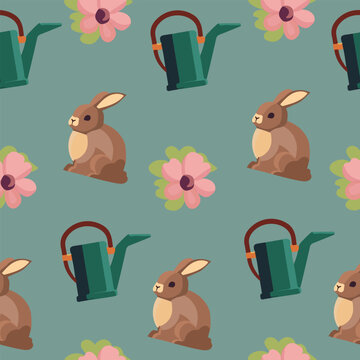 Spring concept. Seamless pattern of set of gardening tools.