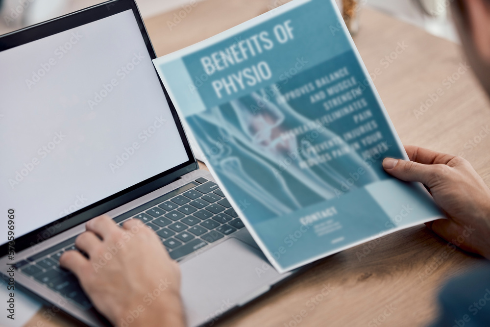 Poster man, hands and laptop with screen on mockup for physiotherapy research, typing or search on table. h