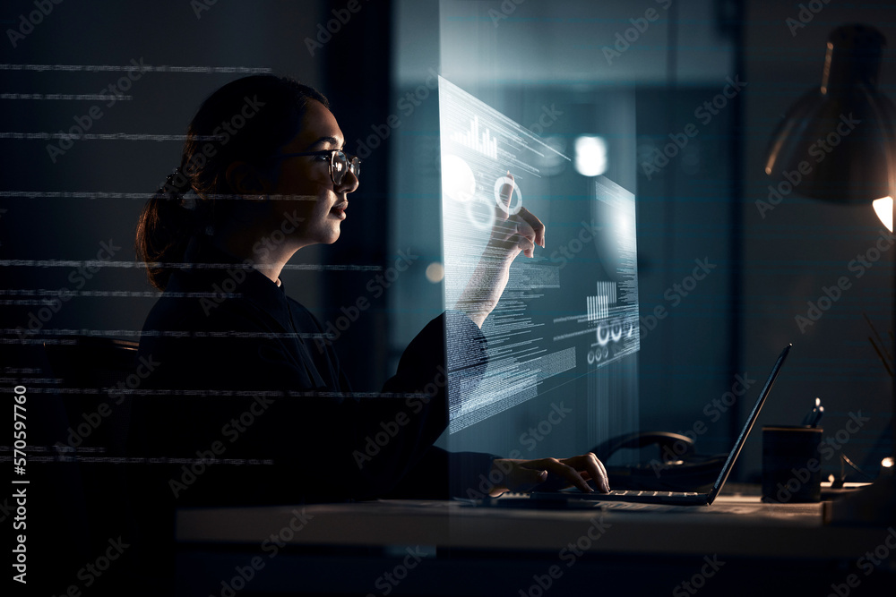 Poster futuristic, hologram and laptop with business woman at night for software, augmented reality and dig