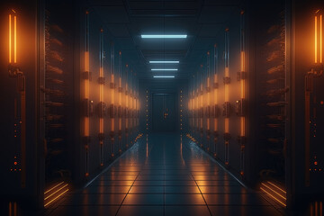 server room, with a cinematic lighting scheme creating a moody and intense atmosphere. The aisle is depicted as spacious and well-lit, with rows of servers on either side. Generative AI