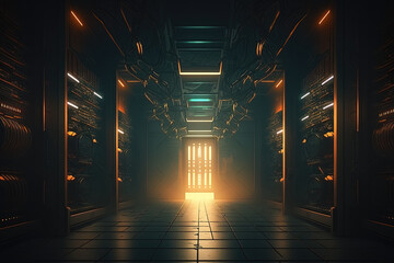 server room, with a cinematic lighting scheme creating a moody and intense atmosphere. The aisle is depicted as spacious and well-lit, with rows of servers on either side. Generative AI