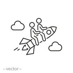 team flying in sky icon, success start up, flying on rocket, new business idea, line symbol on white background - editable stroke vector illustration eps10