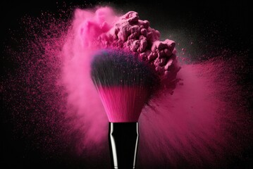 Make-up brush with pink powder explosion on black background, AI generative.