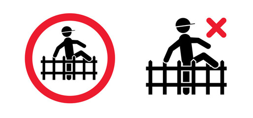 Cartoon, please do not climbing on fence balustrade. Stickman, stick figure man walk on crowd barrier. Forbid Stop halt allowed, no ban sign. Fencepost or fence post. Do not enter.
