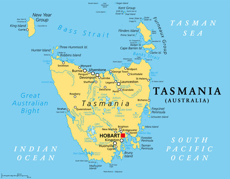 Tasmania, island state of Australia, political map. Located south of the Australian mainland, separated from it by Bass Strait, surrounded by 1000 islands, with the capital and largest city Hobart.