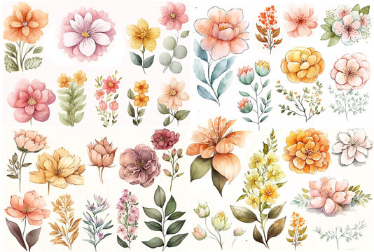 Watercolor illustration of a collection of flowers - AI generative