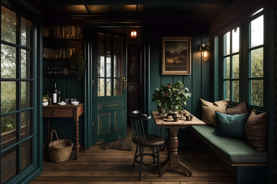 Stylized interior design with wooden floor, small windows opening onto the garden, low ceilings, and a dark green amber palette. Interior design magazine