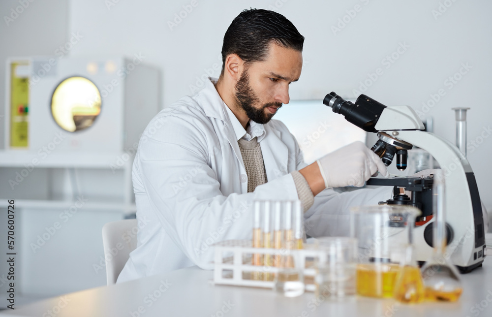 Poster science, microscope and laboratory with a doctor man at work for research, innovation or development