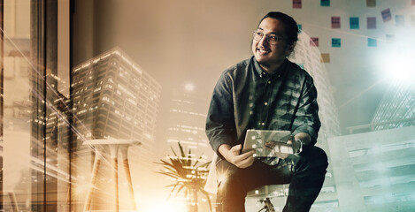 Businessman, office and night with tablet by overlay hologram for idea, web design or programming for future. Man, 3d city and vision for app ux, iot and data analytics for coding goals