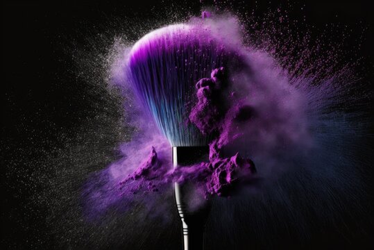 Make-up brush with purple powder explosion on black background, AI generative.