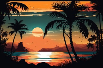 Fototapeta na wymiar Sunset summer tropical beach with palm trees and sea. Nature landscape and seascape Generative AI