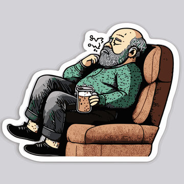 Sticker Of An Old Man Sleeping In A Chair With A Beer