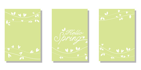 Set of spring green leaves decoration frames. Spring botanical graphic template collection. Vector illustration.