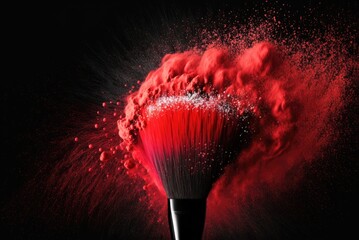 Make-up brush with red powder explosion on black background, AI generative.