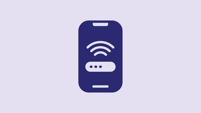 Blue Smartphone with free wi-fi wireless connection icon isolated on purple background. Wireless technology, wi-fi connection, wireless network. 4K Video motion graphic animation