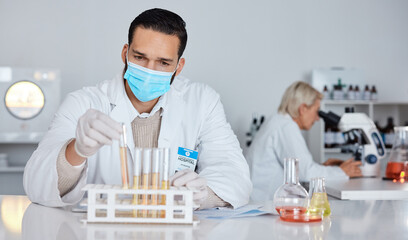 Scientist man, test tube and laboratory for covid 19 research for goal with mask at pharma company. Science team, data analytics and biotech with ppe, vision and medical study with microscope in lab