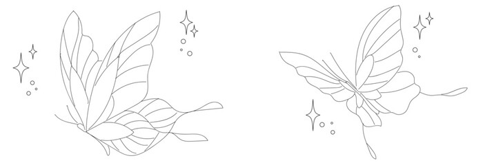 Fototapeta na wymiar 2 set of butterflies, fantasy butterfly, minimal tattoo, wing butterfly, tattoo flash, hand drawn butterfly.