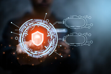 Man using mobile smart phone. Hand touching infographic press on the button Network security system. Information and cyber security Technology Services. Internet Technology.