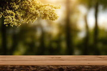 Natural grunge brown wooden table standing outdoor on the green blurred tree background. Mockup copy space. Concept of shelf. Generative AI