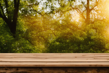 Naklejka na ściany i meble Stylish composition of green garden outdoor poster concept. Wooden table and forest in the background. Copy space. Template. Generative AI