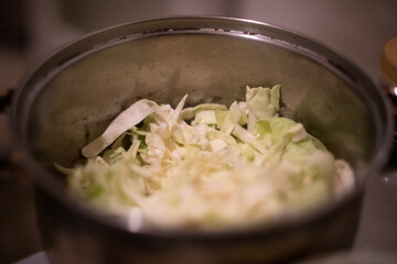 Cabbage in saucepan. Salad in plate. Cooking.