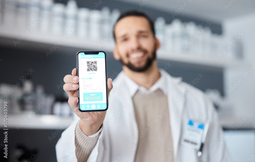 Poster screen, phone and science man with test results, qr code and drugs, virus or medical research in lab