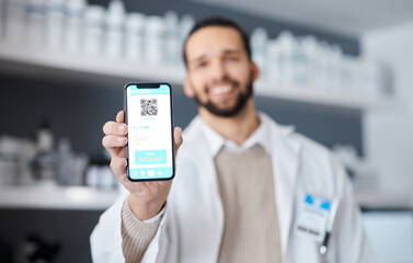 Screen, phone and science man with test results, QR code and drugs, virus or medical research in laboratory. Smartphone, mobile app ux and negative feedback of online scientist or doctor data review