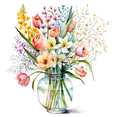 Obraz premium Flowers watercolor painting, glass jar with garden flowers and leaves, greeting card, invitation, poster, wedding decoration and other images. Generative AI