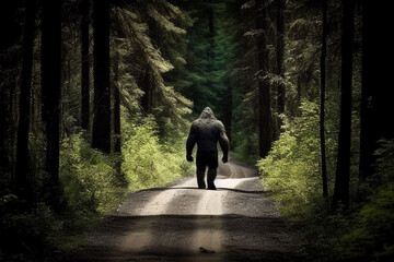 Sighting of bigfoot walking down forest road - obrazy, fototapety, plakaty