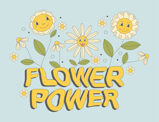 Groovy  poster with hippie flowers daisies and text flower power on retro background in  60s 70s flat style