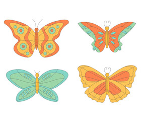 Groovy  hippie bright butterflies  in  60s 70s flat style.  Isolated vector illustration. 