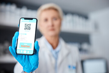 QR code, monkeypox and doctor with a phone for results, positive barcode and healthcare email. Virus, sick and hands of a medical worker holding a mobile with information about an illness on a screen
