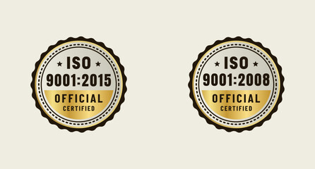 ISO 9001:2015 label vector and ISO 9001:2008 stamp vector. ISO 9001:2015 Seal vector. The International Organization for Standardization. Best certified ISO 9001:2008. - obrazy, fototapety, plakaty