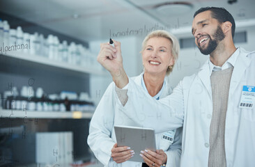 Fototapeta premium Science, collaboration and woman with man brainstorming, writing on glass wall in lab with innovation and analytics. Scientist in laboratory, medical research ideas with vision in future vaccine data