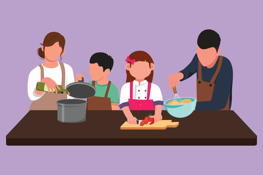 Graphic flat design drawing happy family mom, dad, little daughter and son are cooking delicious food together in kitchen for dinner at home. Kitchenware, crockery. Cartoon style vector illustration