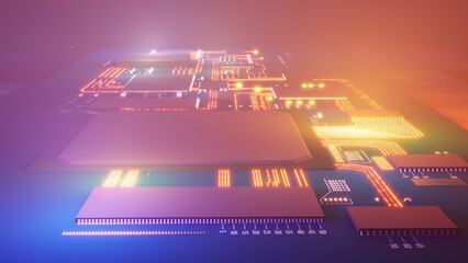 close-up of integrated circuit with processor and other electronics in blue yellow and paths , heavily illuminated view of circuit board, 3d rendering